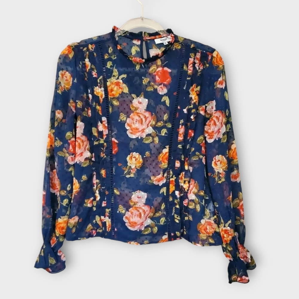 Kensie Floral Top Blouse Long Sleeve Ruffle Neck Sheer | Women's Sz Small